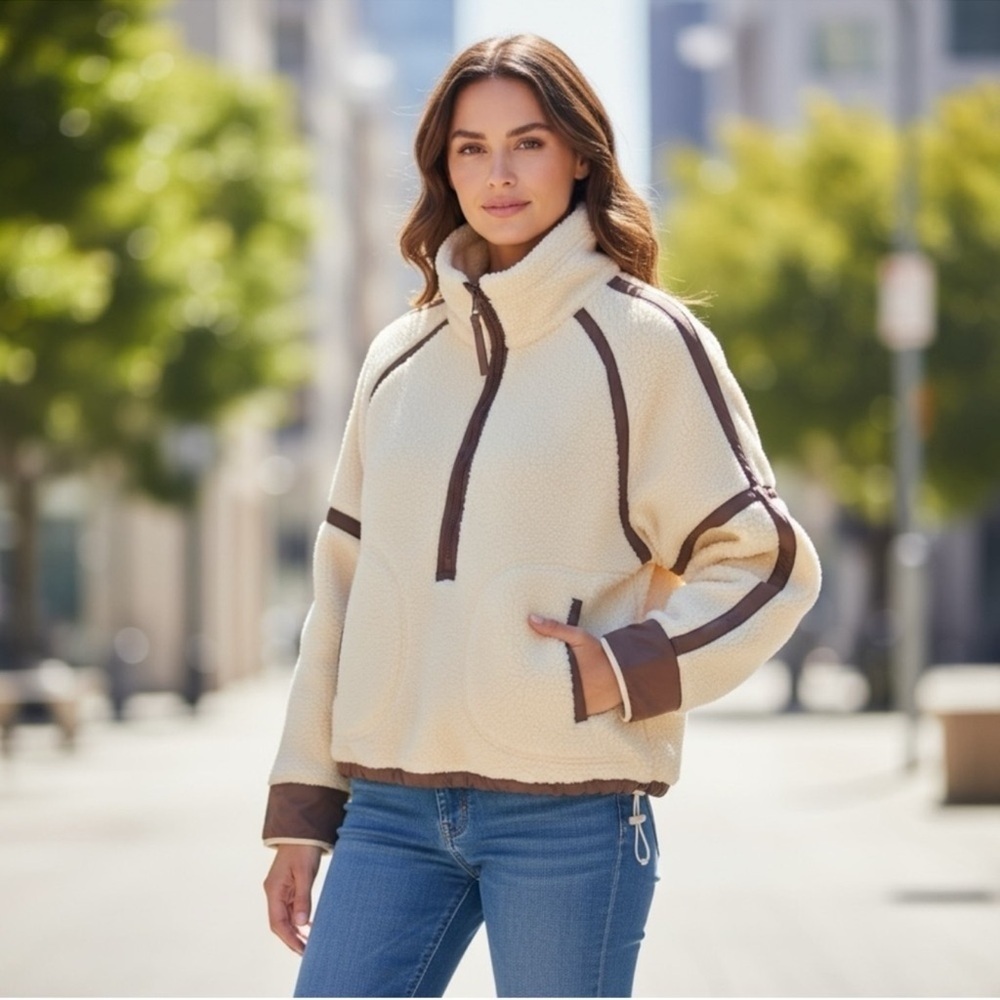 NWOT Boho Quarter-zipped Cream and Tan Oversized Fleece Jacket Sz Small